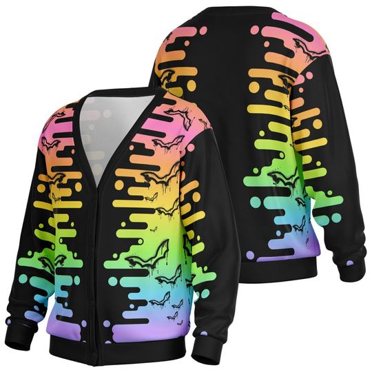 Pastel Rainbow Drippy Bats Cardigan - Pastel Goth Bats Button Up Sweater