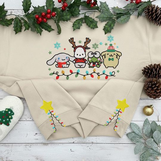 Discover Christmas Pochacco Friends Lights Cut Hem Sweatshirt, Disney Christmas Cartoon Embroidered Sweatshirt, Christmas Family Gift