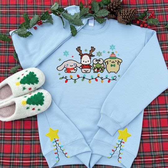 Christmas Cute Anime Lights Cut Hem Sweatshirt, Tis The Season Christmas Embroidered Sweatshirt, Xmas Gift