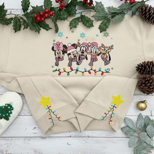Discover Christmas Disney Mouse and Friends Lights Cut Hem Sweatshirt, Disney Christmas Embroidered Sweatshirt, Xmas Gift