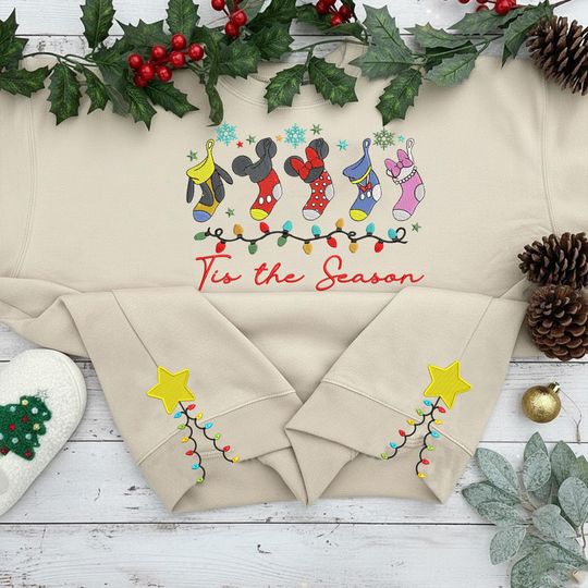 Discover Christmas Disney Mouse and Friends Lights Cut Hem Sweatshirt, Disney Tis The Season Christmas Embroidered Sweatshirt, Xmas Gift