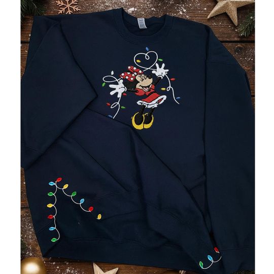 Discover Minnie Mouse Christmas Lights Embroidered Sweatshirt, Christmas Lights Cut Hem Sweatshirt, Disney Christmas Embroidered Shirt