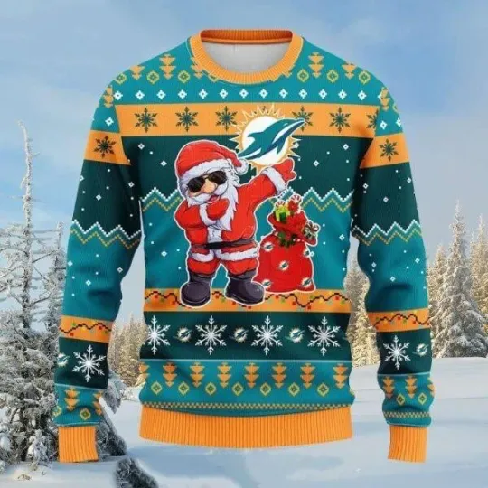 Miami Dolphins Christmas Ugly Sweater with Dabbing Santa Claus Print