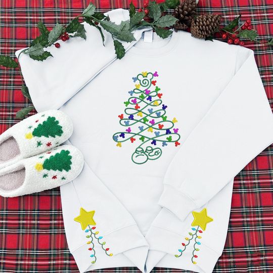 Discover Christmas Disney Tree Lights Cut Hem Sweatshirt, Disney Christmas Mouse and Friends Embroidered Sweatshirt, Christmas Family Gift