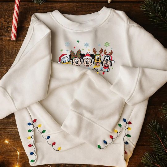 Discover Embroidered Christmas Lights Cut Hem Sweatshirt, Disney Christmas Embroidered Sweatshirt, Cute Xmas Embroidery Shirt