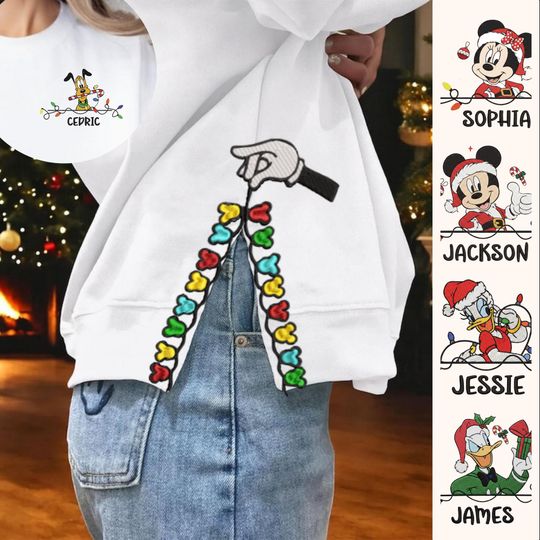 Discover Custom Disney Embroidered Christmas Shirt, Embroidered Christmas Lights Cut Hem Shirt, Custom Name Christmas Shirt