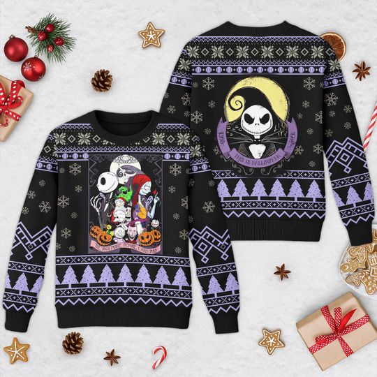 Discover Nightmare Before Christmas Ugly Sweater, Jack Skellington Sally Oogie Boogie Xmas Sweatshirt, Disney Christmas Gift for men Women Kid