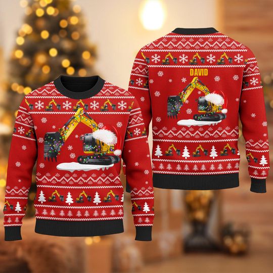 Discover Excavator Christmas Ugly Sweater, Christmas Construction Sweater, Excavator Xmas Holiday Gifts, Funny Xmas Tree Excavator Shirt