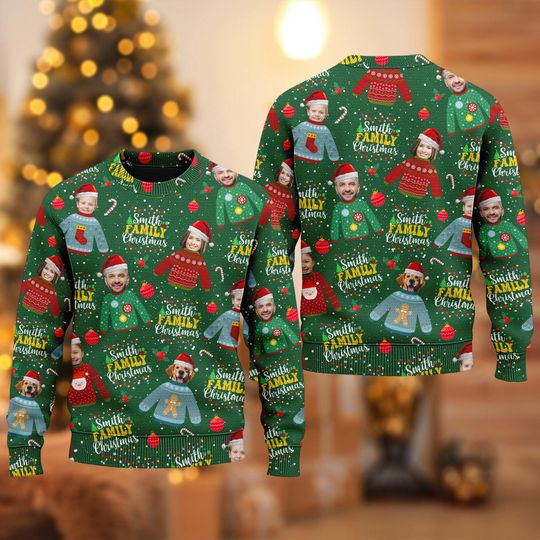 Discover Personalized Christmas Custom Face Photo Ho Ho Ho Xmas Sweatshirt, Ho Ho Ho Ugly Christmas Sweater, Christmas Gift For Men Women Kid