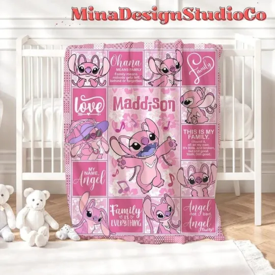 Discover Disney Lilo & Stitch Angel Pattern Pink Customize Fleece Blanket