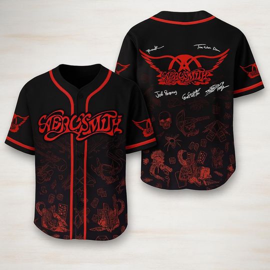 Discover Aerosmith 3D Baseball Jersey Rock Band Shirt with Autographs and Vintage Tattoo Art