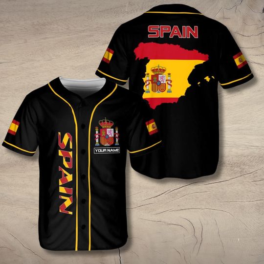 Discover Spain Baseball Jersey with Map Flag, Coat of Arms, and Custom Name, Black with Yellow Piping