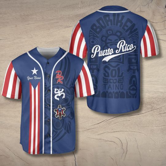 Puerto Rico Baseball Jersey with Flag Stripes, Tano Symbols, Custom Name, PR Script, Unisex Boricua Pride Shirt