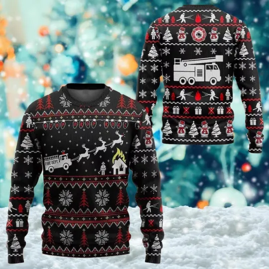 Fireman Ugly Christmas Sweater, Fireman Sweater, Fire Truck Xmas Sweater