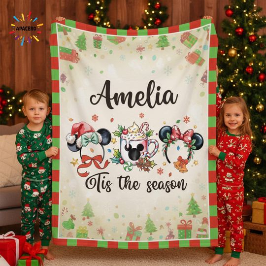 Discover Personalized Disney Mouse Ears Christmas Blanket, Custom Holiday Throw with Name, Disney Mickey Cartoon Style Gift for Boys and Girls