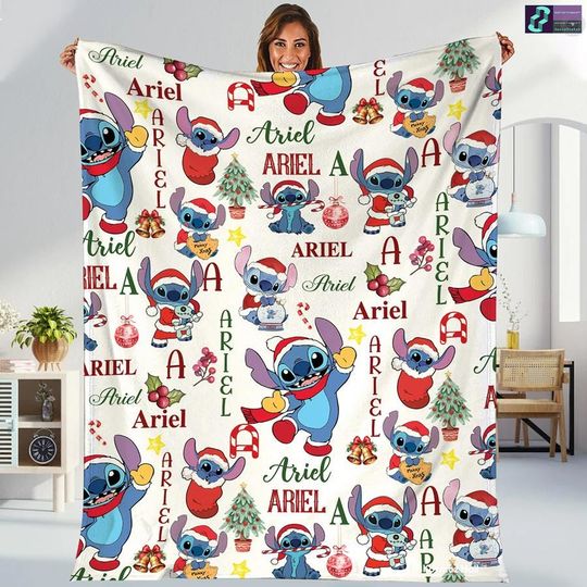 Stitch Christmas Blanket, Stitch And Lilo Christmas Fleece Blanket, Stitch Angel Disneyland Christmas Gift, Throw Blanket For Bed Couch Sofa