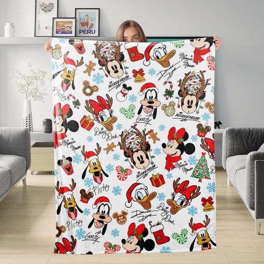 Discover Mickey And Friends Signatures Christmas Blanket, Mickey's Very Merry Christmas Party Gift, Mickey Candy Xmas Holiday Blanket