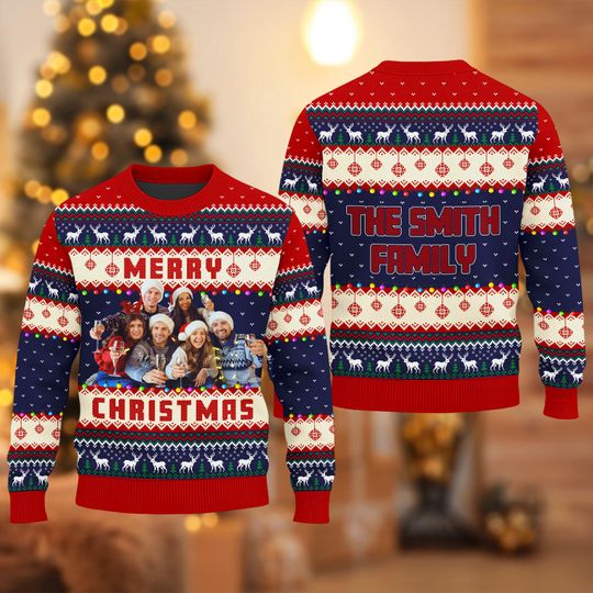 Discover Custom Photo Ugly Christmas Sweater, Photo Family Sweater, Christmas Gift, Personalized Family Photo Sweater, Custom Face Shirt, Logo Shirt