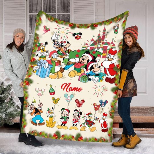 Discover Christmas Mickey And Friends Blanket, Custom Name Christmas Disney Blanket, Minniee, Daisy, Donald, Goofy, Pluto, Christmas Kids Blanket