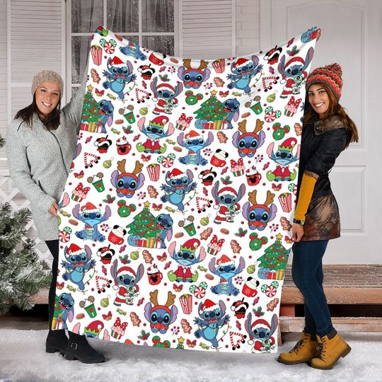 Discover Christmas Stitch Blanket, Santa Stitch Blanket, Disney Blanket, Lilo And Stitch Blanket, Christmas Fleece Mink Sherpa Blanket