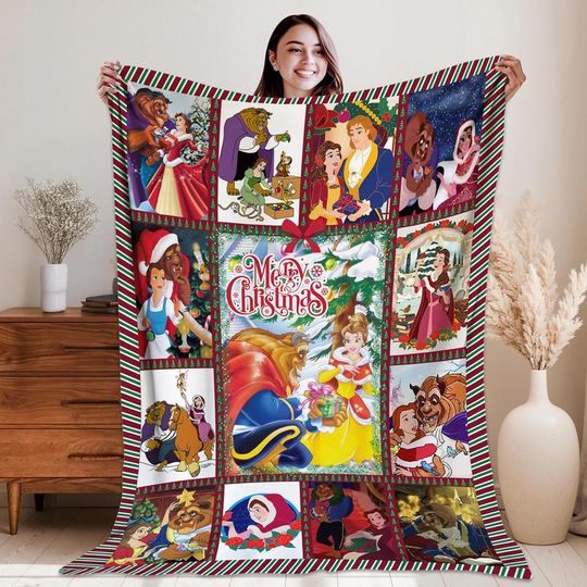 Beauty and the Beast  Merry Christmas Blanket Belle and Beast Couple Blanket Disneyland Couple Blanket Disneyland Villain Gift Xmas Blanket