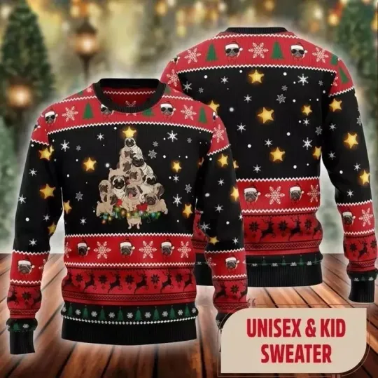 Pug Christmas Tree Ugly Christmas Sweater, Pug Christmas Sweater