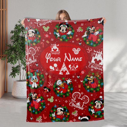 Discover Personalized Name Mickey and Friends Christmas 2025 Blanket, Custom Disneyland Christmas Cozy Blanket, Mickey Minniee Blanket Gift