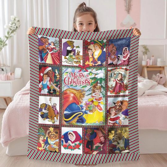 Beauty and the Beast  Merry Christmas Blanket Belle and Beast Couple Blanket Disneyland Couple Blanket Disneyland Villain Gift Xmas Blanket