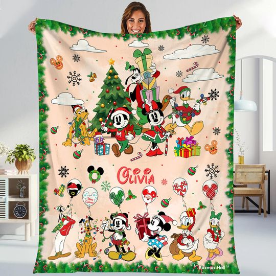 Discover Personalized Mickey And Friends Santa Christmas Blanket, Custom Name Christmas Blanket, Magic Kingdom, Disneyland Characters Blanket Gift