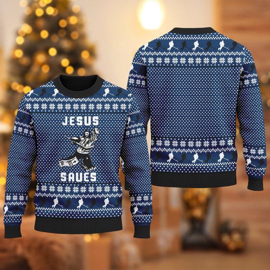 Hockey Jesus Saves Ugly Christmas Sweater, Hockey Team Christmas Sweatshirt, Hockey Lovers Gift, Sport Xmas Holiday Shirt For Men Women Kid