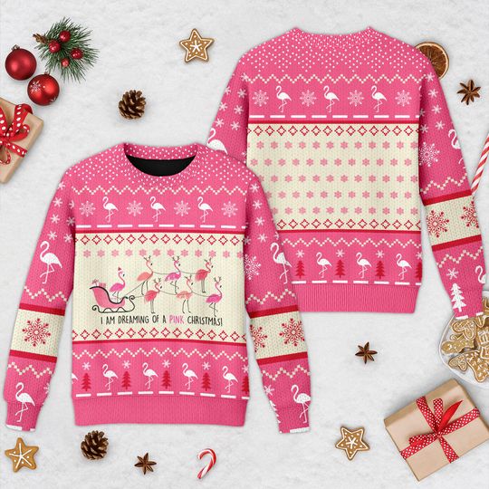 I'm Dreaming Of A Pink Ugly Christmas Sweater, Flamingo Santa Hat Xmas Sweatshirt, Funny Flamingo Christmas Gift For Men Women