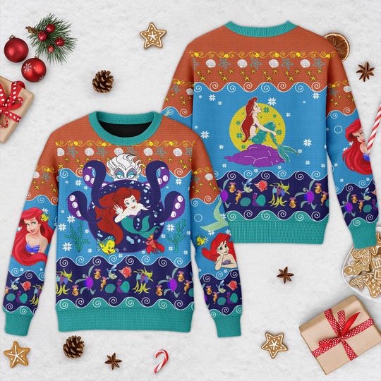 Discover The Little Mermaid Christmas Ugly Sweater, Ariel Princess Mermaid Xmas Sweatshirt, Disney Christmas Gift For Men Women, Disney Ugly Sweater