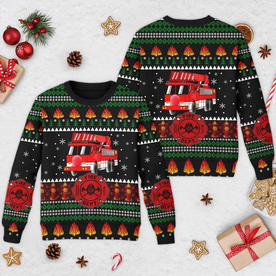 Fireman Ugly Christmas Sweater, Firefighter Truck Ugly Christmas Sweater, Fire Truck Christmas Sweater, Christmas Truck Sweater
