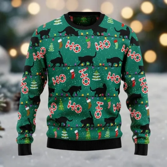 Black Cat Ugly Christmas Sweater Cat Christmas Lights Sweater Animal Holiday