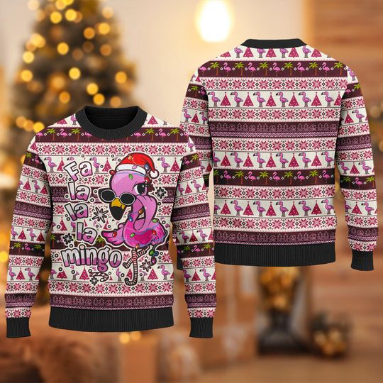 Fa La La Mingo Ugly Christmas Sweater, Pink Flamingo Xmas Sweatshirt, Flamingo Christmas Gift For Men Women, Flamingo Santa Hat Xmas Gift