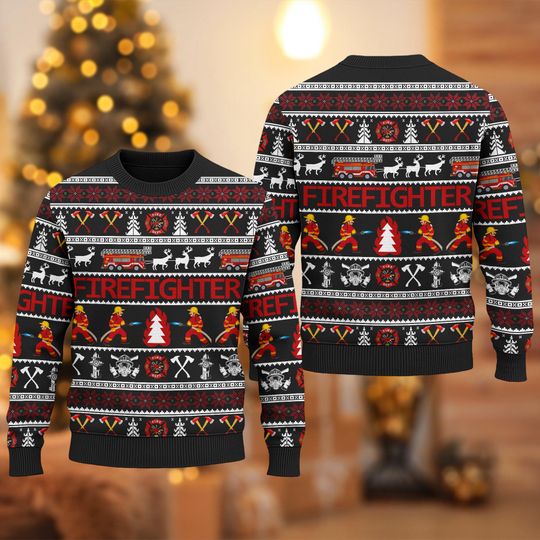 Firefighter Christmas Ugly Sweater, All Firefighter Xmas Sweatshirt, Fire Truck Christmas Holiday Shirt, Christmas Gift For Fireman
