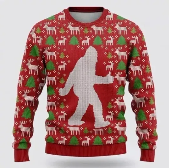 Bigfoot Reindeer And Pine Tree Motifs Ugly Christmas Sweater