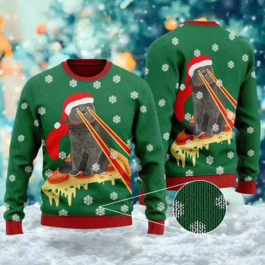 Discover Pizza Cat With Laser Eyes Ugly Christmas Sweater
