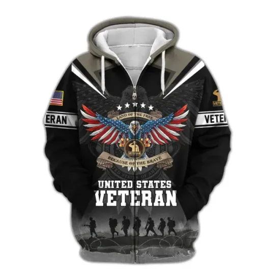 Patriotic Gray Hoodie – United States Veteran 3D All Over Print Pullover