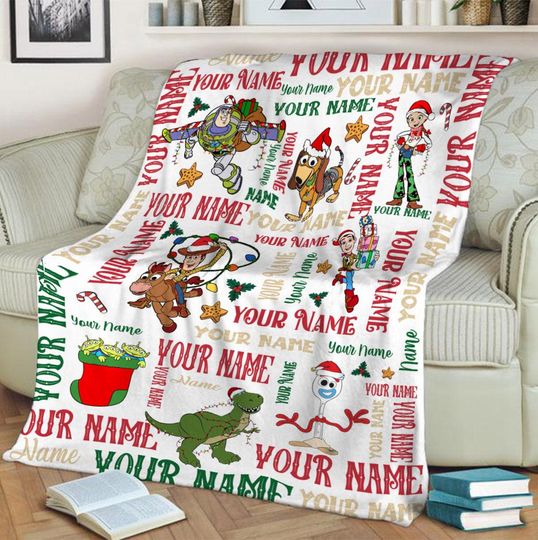 Discover Custom Name Christmas Disney Toy Story Blanket, Toy Story Characters Blanket, Woody, Jessie, Buzz Lightyear, Rex, Slinky, Christmas Blanket
