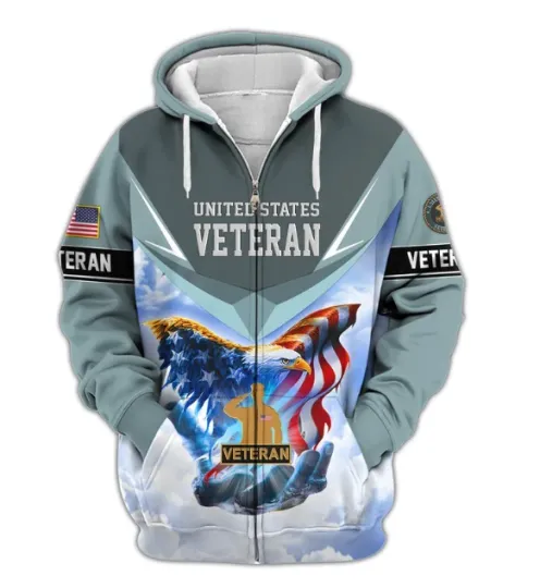 Discover Proud Veteran Blue Hoodie – 3D Printed American Flag & Eagle Design