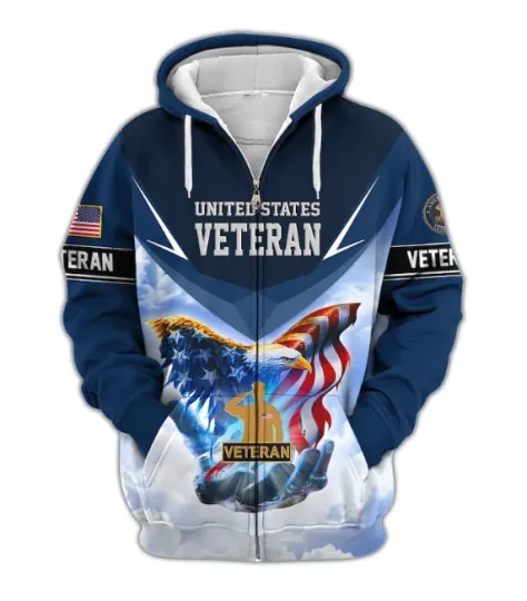 Discover Proud Veteran Blue Hoodie – 3D Printed American Flag & Eagle Design