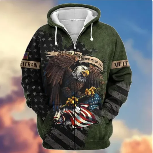 Discover Proud Veteran Green Hoodie – 3D Printed American Flag & Eagle Design