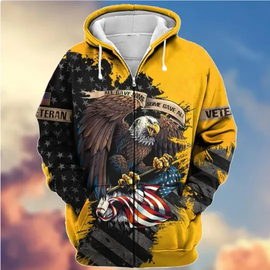 Proud Veteran Yellow Hoodie – 3D Printed American Flag & Eagle Design