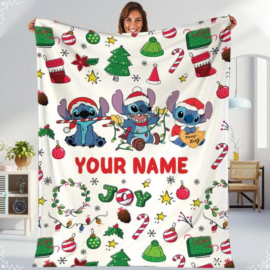 Disneyland Stitch Christmas Blanket, Stitch Lilo Xmas Fleece Blanket, Stitch Angel Disneyland Christmas Throw Blanket For Bed Couch Sofa