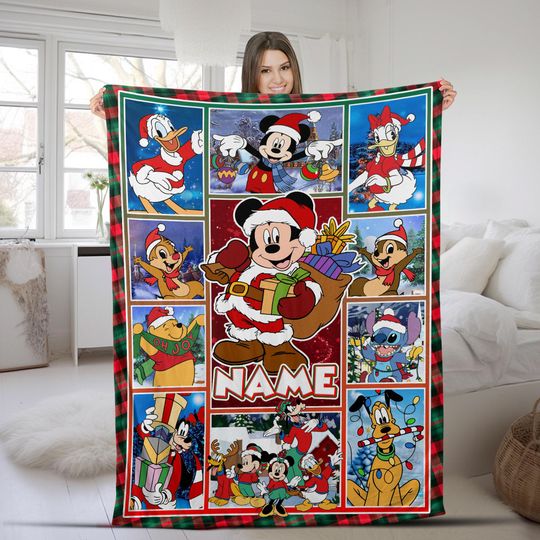 Discover Disney Mickey Mouse And Friends Xmas Blanket, Custom Name Stitch Pooh Princess Quilt Blanket, Magic Kingdom Fleece Blanket