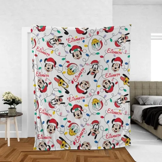 Discover Personalized Mickey & Friends Santa Hat Christmas Lights Merry & Bright Blanket