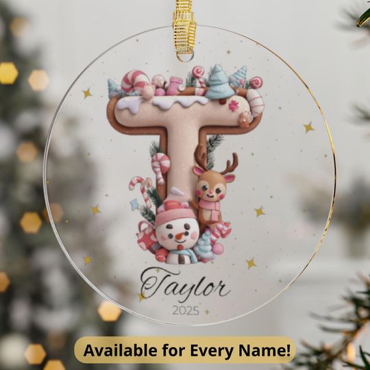 Christmas Acrylic Ornament Letter T | Personalized Name Taylorrrr | Pastel Holiday 2025