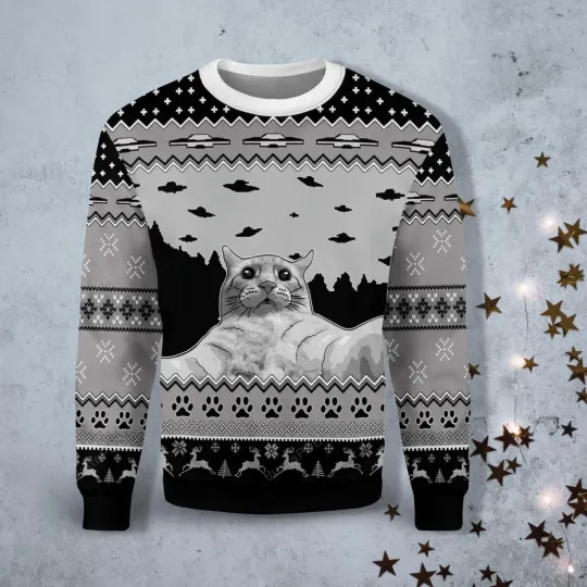 Cat Selfie With UFO Ugly Christmas Sweater, Ufo Alien Christmas Shirt Cat Ugly