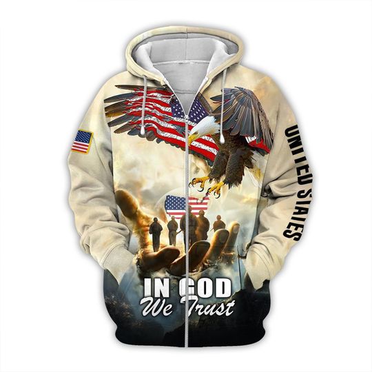 Discover In God We Trust Zip-Up Hooded Sweatshirt Christ Jesus Honoring Veterans Hoodie American Eagle Hoodie Patriotic Hoodie God Veteran Gifts